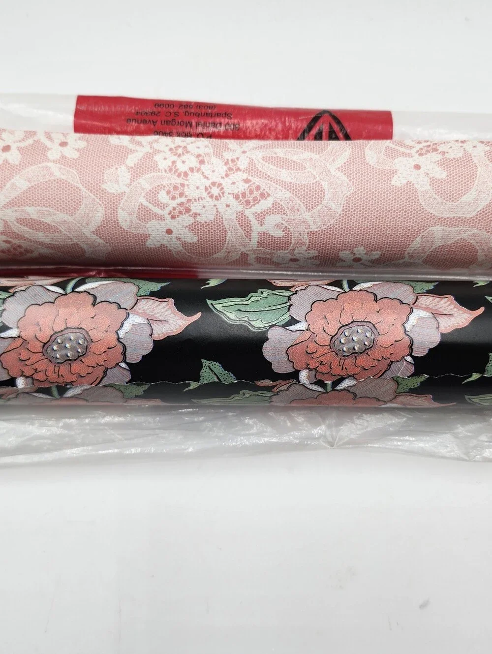 Vintage Premium Sally Foster Pink Lace Black Floral Wrapping Paper NoS